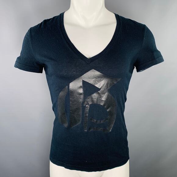 JOHN GALLIANO Size S Black Monogram Print Cotton V-Neck T-shirt - Picture 1 of 9